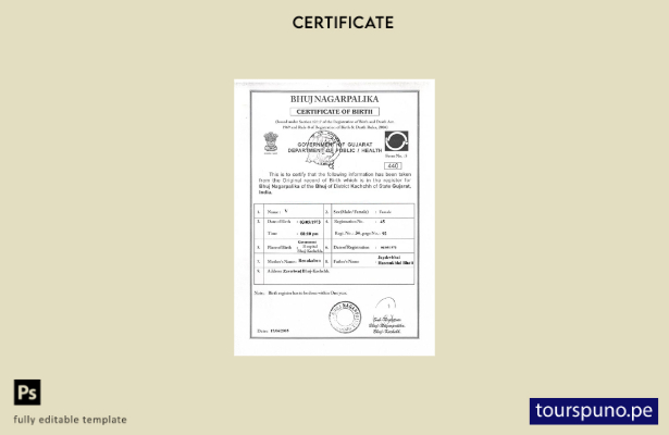 listo para imprimir plantilla de certificado de nacimiento de India Gujarat